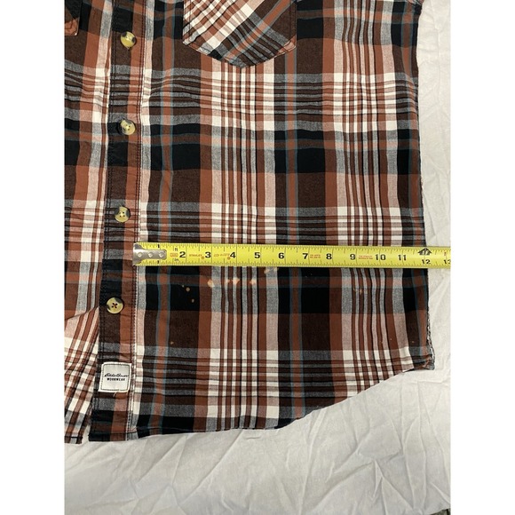 Eddie Bauer Workwear Foreman Fit 2XL Plaid Short Sleeve Shirt Brown Distressed - Picture 6 of 12
